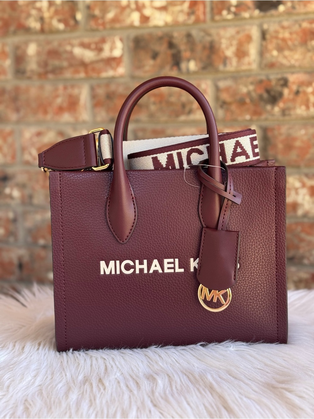 Michael Kors Maroon Leather small shopper with Logo Strap